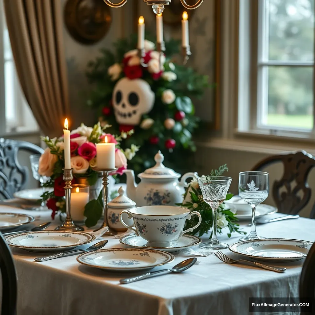 "A festively set table with fine porcelain."