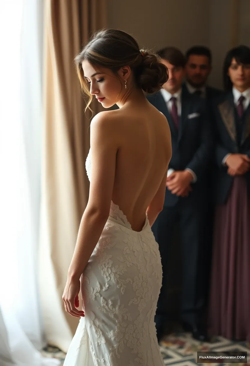 A short young woman, sensitive, delicate, ashamed, wearing a backless strapless side-less low-waisted open-back contouring wedding dress that seems like it's going to fall any moment, in front of patriarchy, expectations. - Image