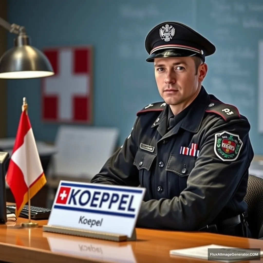 Cool Swiss border guard, nameplate Koeppel, works at the desk, all women love him, realistic. - Image