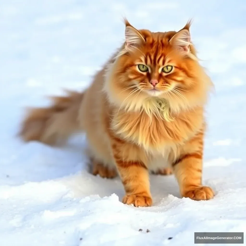 "Gradient Persian Shorthair and long-haired orange cat with four paws stepping on the snow."