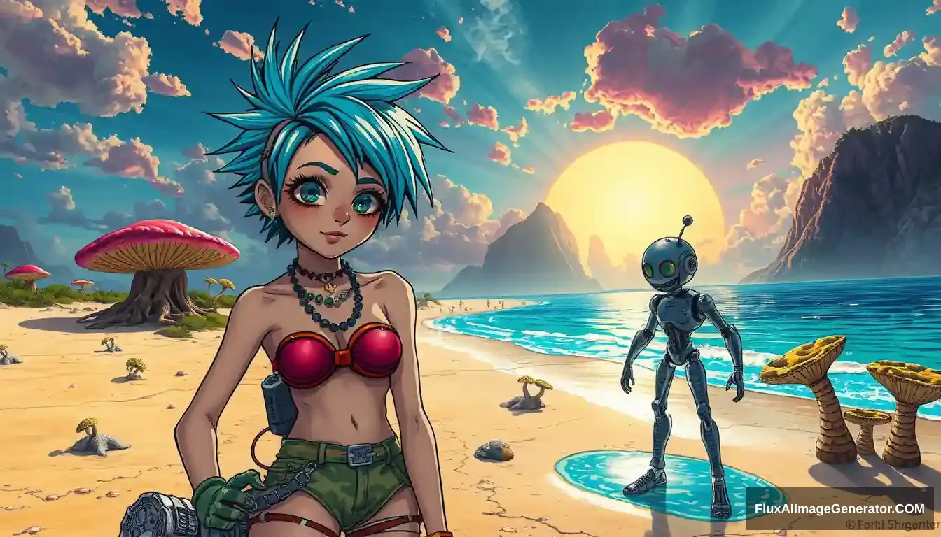 A scene features a punk girl with electric blue spiky hair rendered in the intricate style of Enki Bilal, beside a charming retro-futuristic robot in Hawaiian shorts, on a surreal alien beach adorned with iridescent fungi and shimmering lakes, all beneath a vibrant, dreamlike sky.