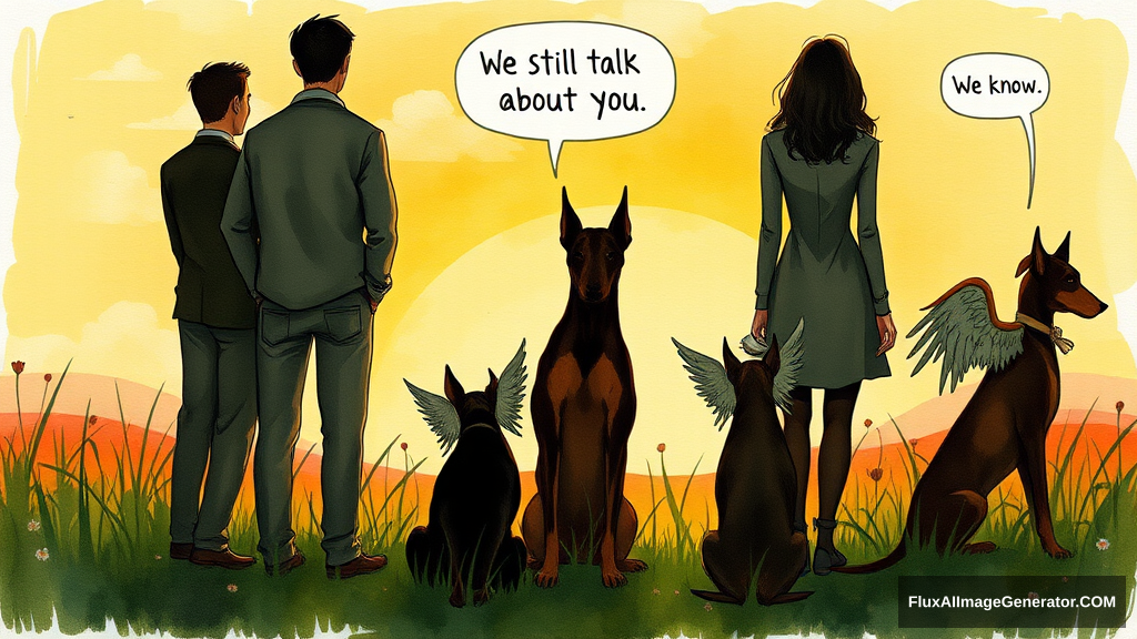 Messy, expressive watercolor illustration: 4 silhouetted figures—2 male, 2 female—stand in a lush meadow at golden hour. 3 ethereal, winged dobermans sit beside them. Facing away from the viewer. Speech bubbles float above: "We still talk about you" (human), "We know" (dog). Nostalgic atmosphere, loose brushstrokes convey wistful longing.