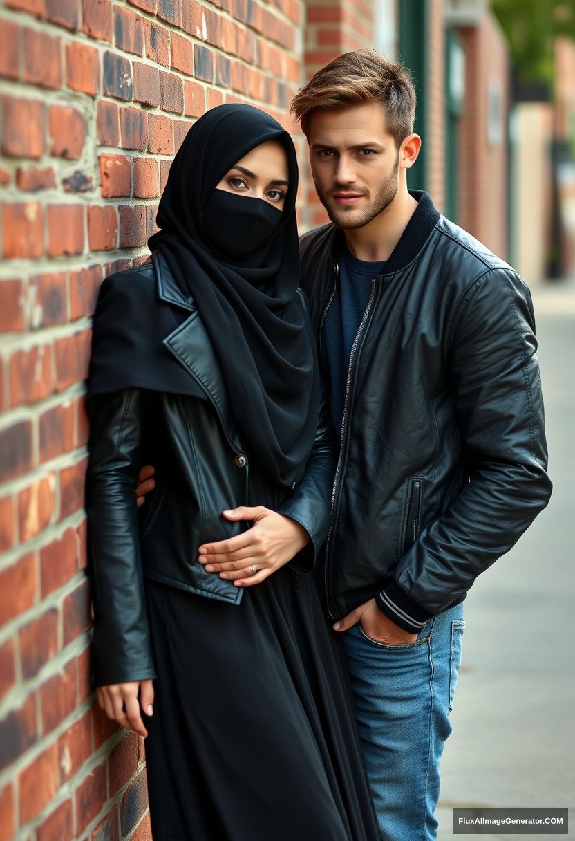 Jamie Dornan, handsome, young, black face mask, collage jacket, jeans, dating a beautiful Muslim girl in a big black hijab with beautiful eyes, black face mask, black leather jacket, wearing the biggest skirt standing or lying against a brick wall, town, morning scenery, photorealistic, street photography.