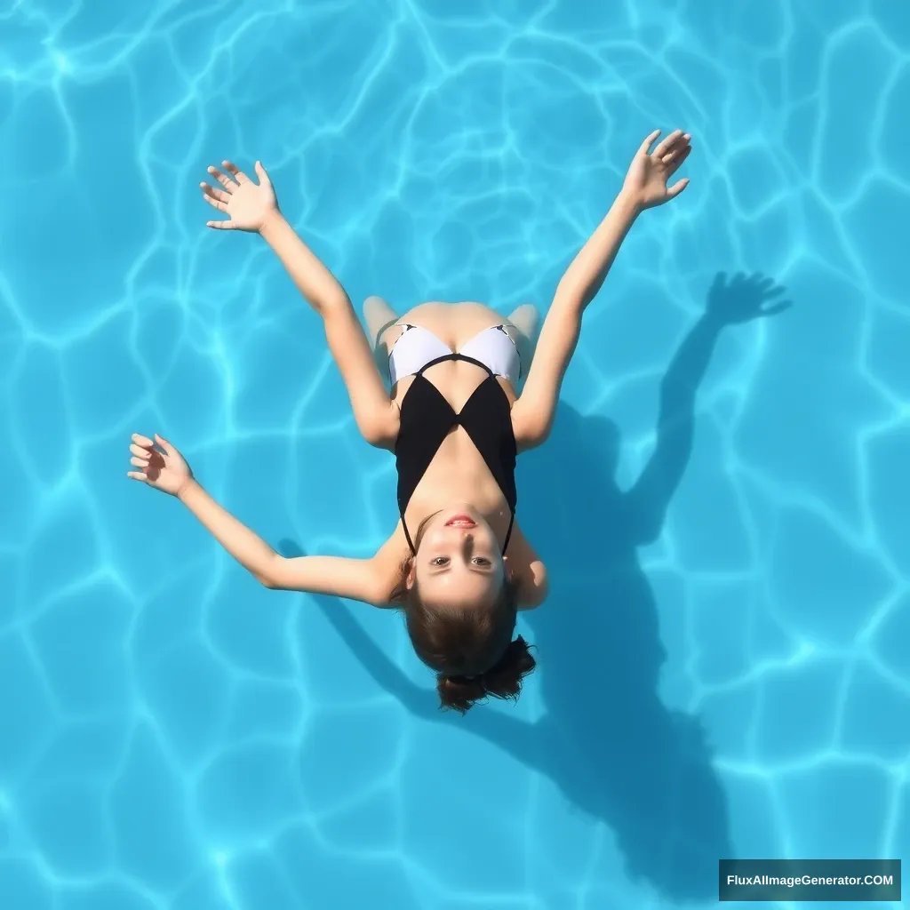 "Create a photo: A girl is wearing swimwear and is floating on the surface of the pool. Her arms and legs are forming an X."