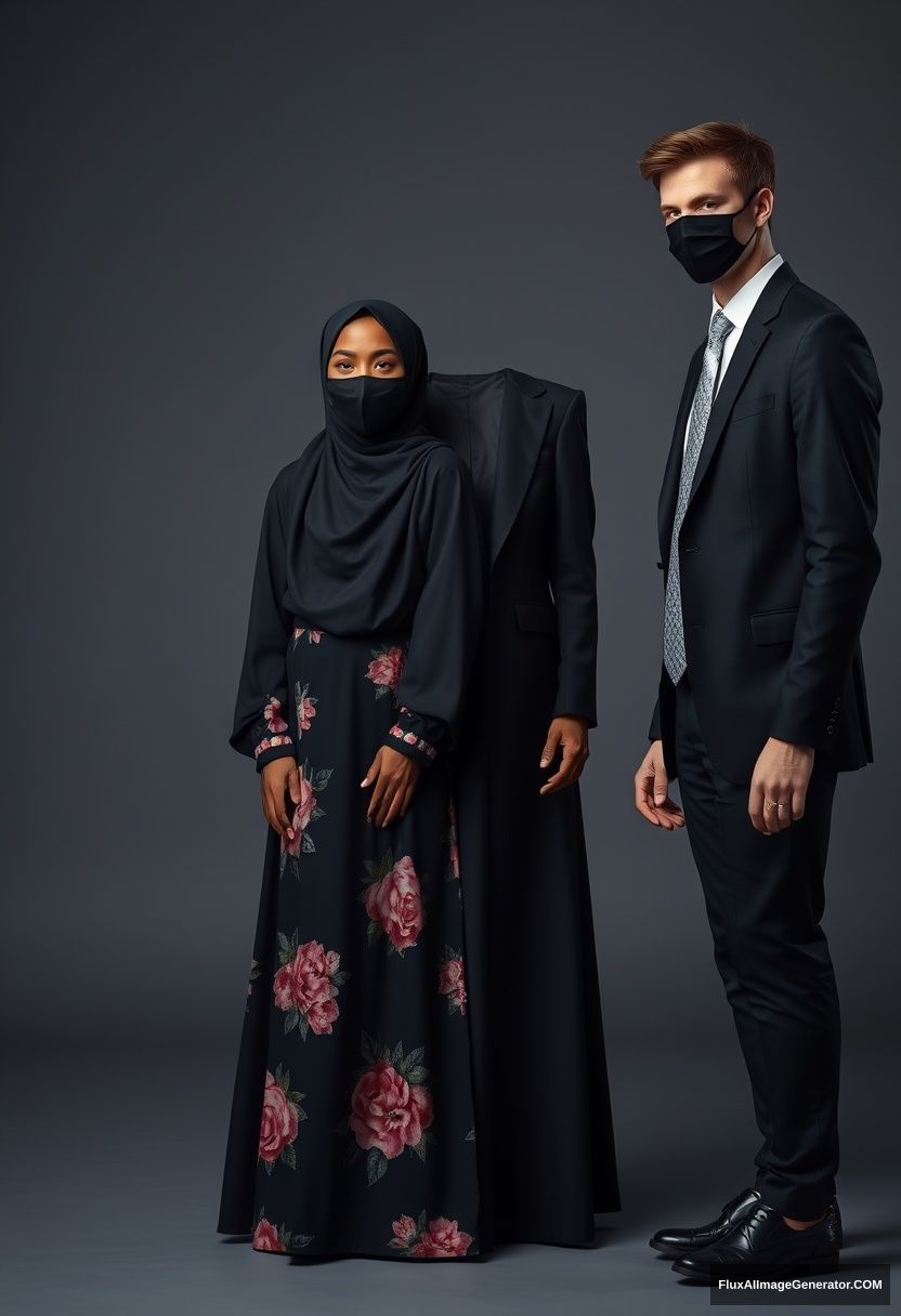 A biggest black hijab girl, slim girl, beautiful eyes, face mask black, biggest floral longest dress, standing. 

Jamie Dornan, youngest, black suit coat, white shirt, grey pattern tie, black leather sneaker, tall man, face mask black, fit tough body, standing near her. 

Hyper realistic, studio photography.