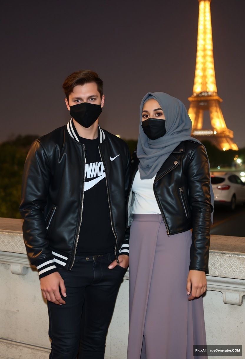 Jamie Dornan, youngest, black face mask, collage jacket, Nike t-shirt, jeans, tall man, fit body,

Dating, love with the biggest Muslim girl in a grey hijab, beautiful eyes, black face mask, leather jacket, biggest longest skirt, cute petite girl,

standing at a wall, an Eiffel Tower, night scenery, hyper-realistic, photorealistic, street photography.