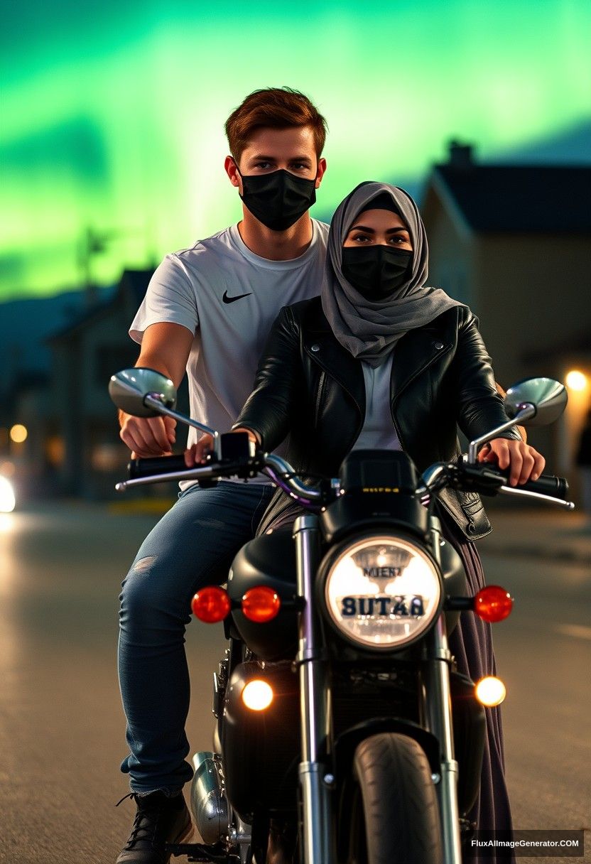 Jamie Dornan, tall, young, wearing a black face mask, white Nike T-shirt, and jeans, rides a motorcycle.

He is dating a beautiful Muslim girl in a grey hijab, with beautiful eyes, wearing a black face mask, a leather jacket, and the longest and biggest skirt, who is not tall.

They ride a motorcycle together in town, photorealistic street photography, set against a night scenery with the aurora borealis. - Image