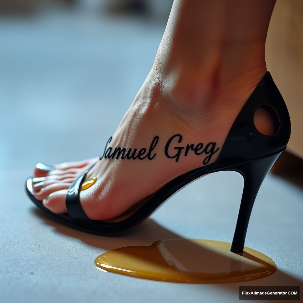 The name "Samuel Greg" on a woman's foot in a black high heel. There is oil all over the foot. - Image