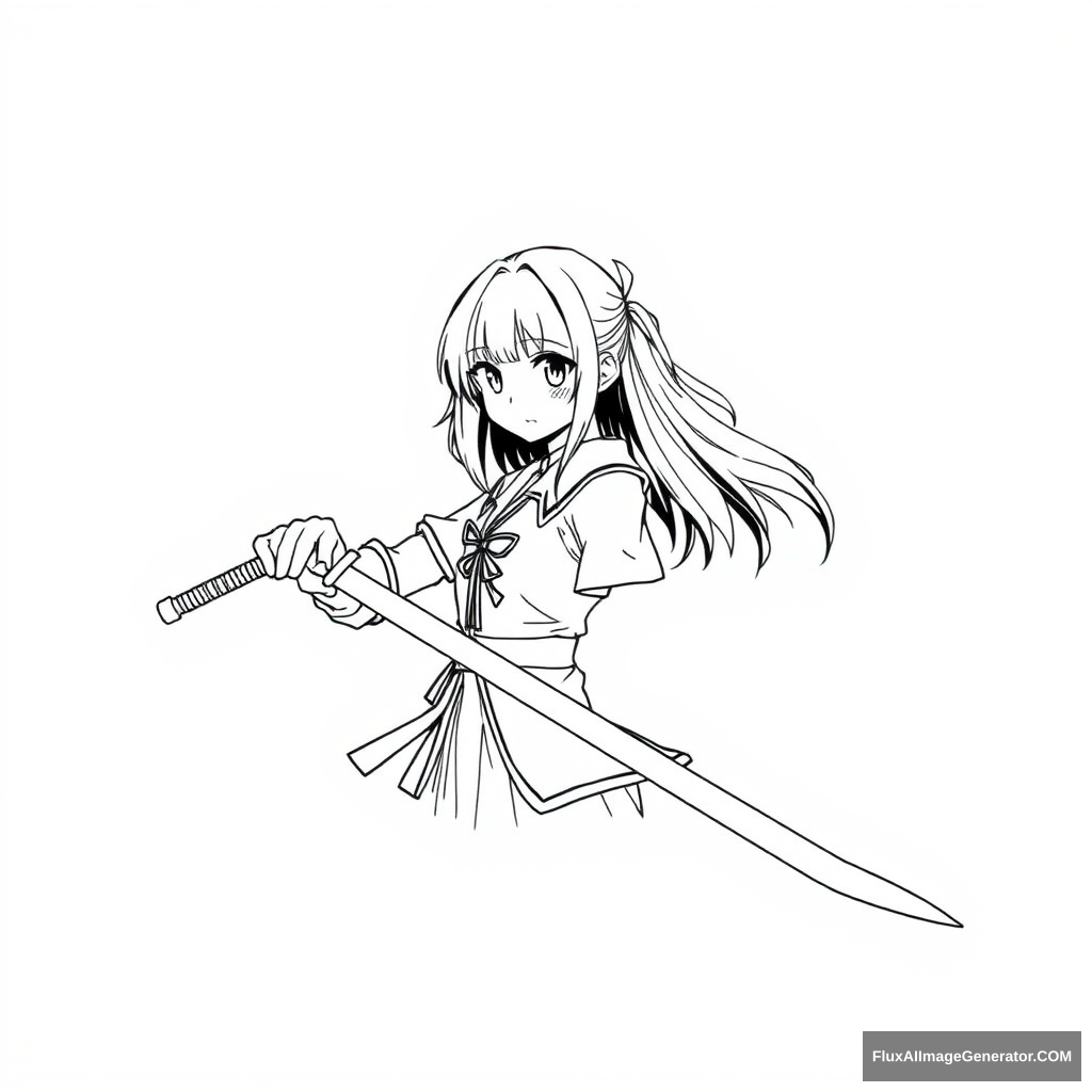 Super simple anime girl line art. sword.