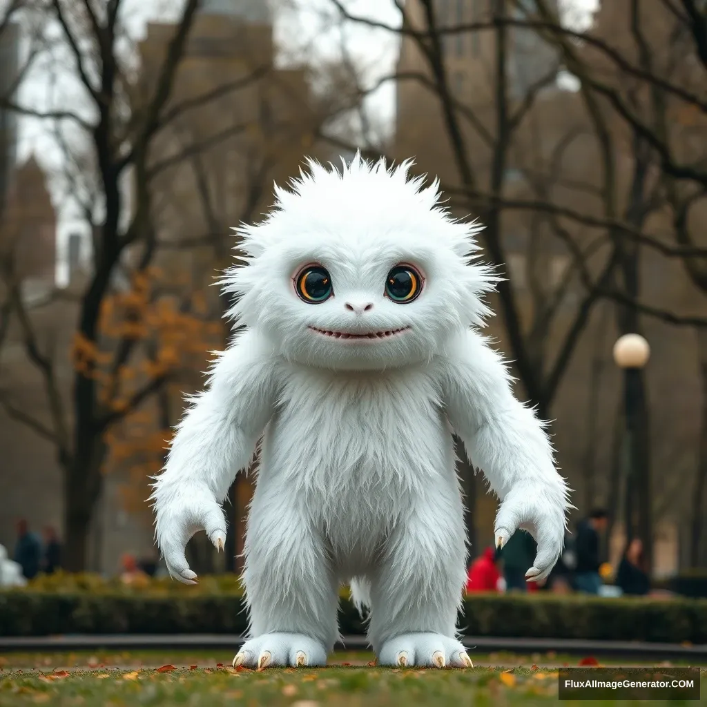 A white monster standing in the center of Central Park, New York. Cute. Its body is covered in white plastic fur. Laser beam eyes.