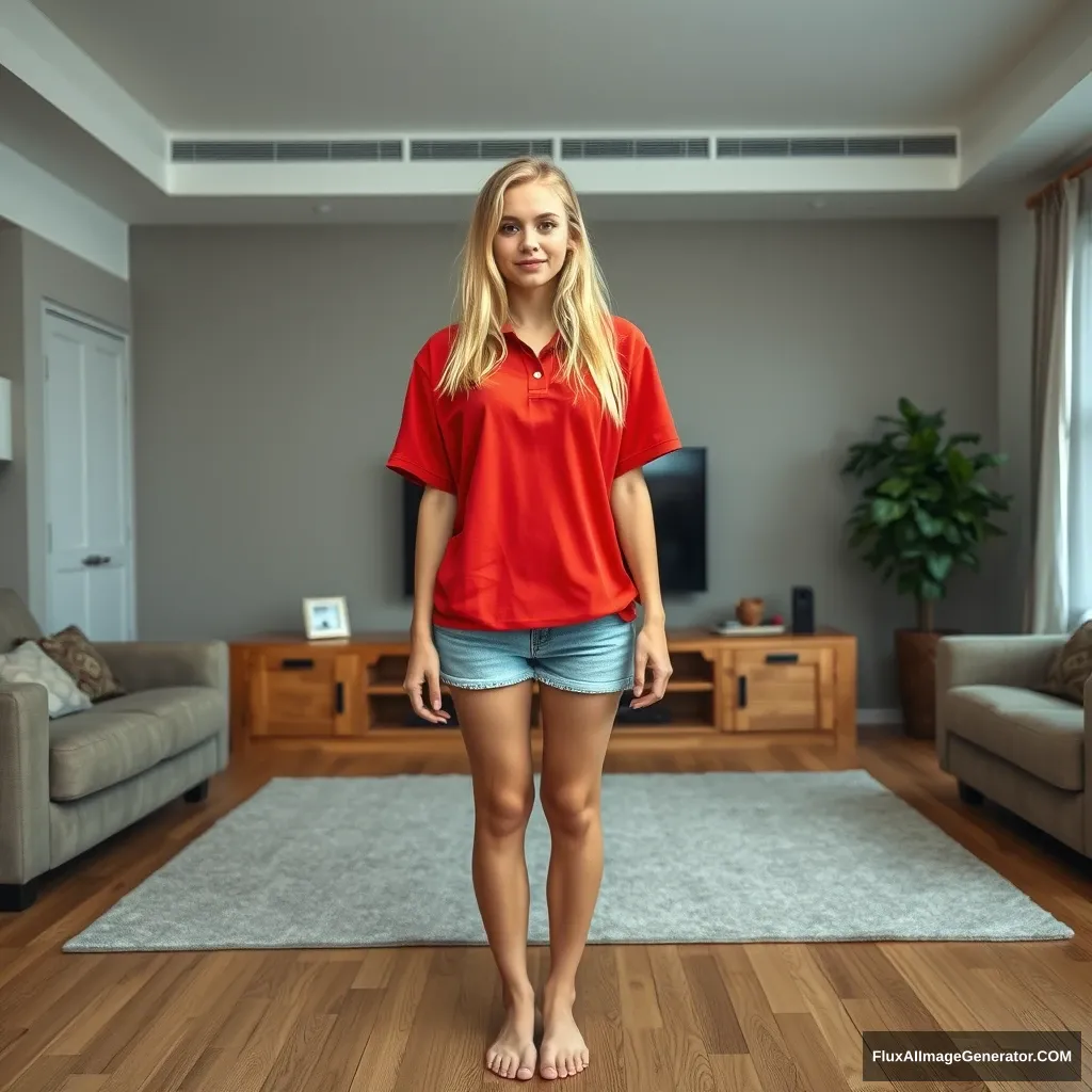 Front view of a young blonde skinny woman in her early twenties in her massive living room, wearing a massively oversized red polo t-shirt that is slightly off balance on one shoulder, with the bottom part tucked in. She is wearing light blue denim shorts and no shoes or socks, standing in front of her TV with both arms straight down.