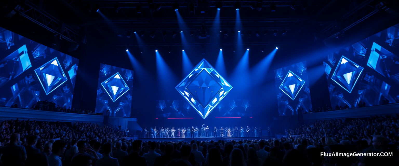 Diamond-inspired music stage, dark blue tones, spot lights, crowded audience, luxurious. - Image