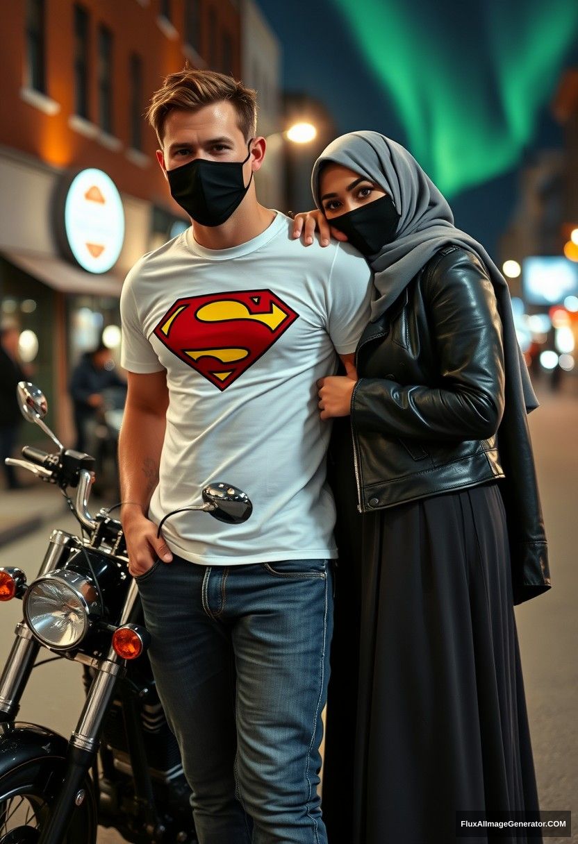 Jamie Dornan, tall, young, wearing a black face mask, a white Superman t-shirt, and jeans, 

dating a beautiful Muslim girl in a grey hijab, with beautiful eyes, wearing a black face mask and a leather jacket, with a very long and wide skirt, who is not tall, 

lying on his shoulder, standing near a motorcycle for photography, a Harley Davidson model, in town, photorealistic, street photography, night scenery, northern lights.