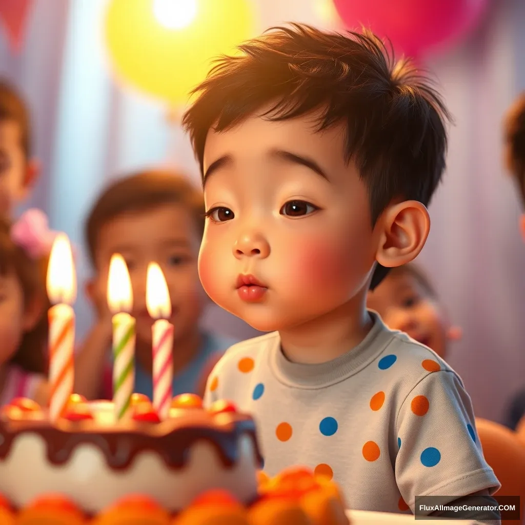 a high-resolution Pixar-style image of an adorable 3-year-old Asian boy with short curly hair, puckering his lips to blow out candles at a birthday party, captured with bright, warm colors and soft, dynamic lighting to emphasize his cute expression and the joyful atmosphere. - Image