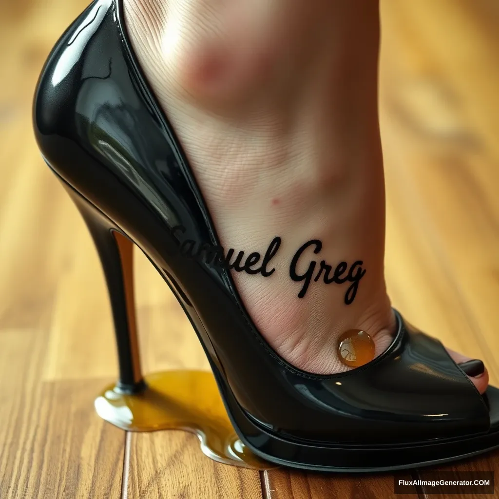 The name "Samuel Greg" on a woman's foot in a black high heel. There is oil all over the foot.