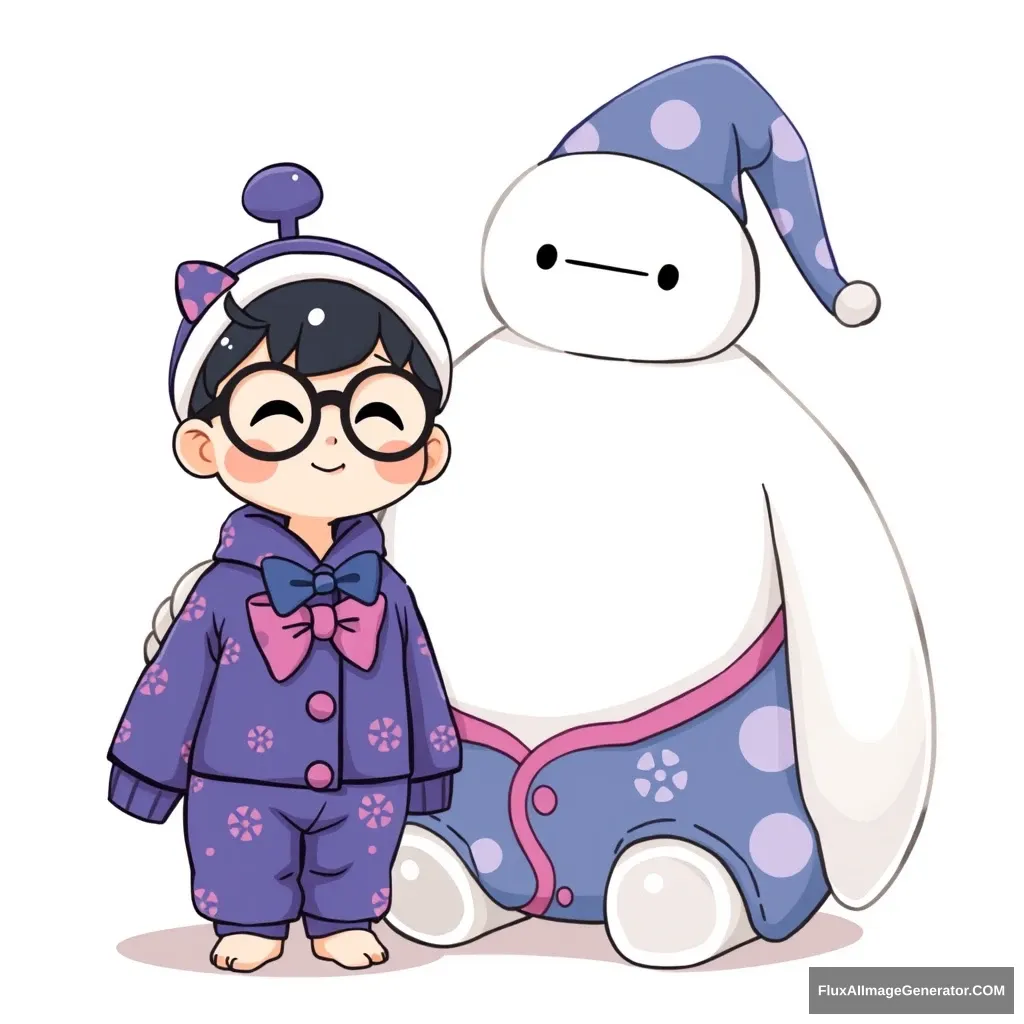 Cute little Kawaii bowtie with glasses, a hat, and pajamas next to Baymax, who is wearing a beautiful pajama and a sleepy hat. - Image