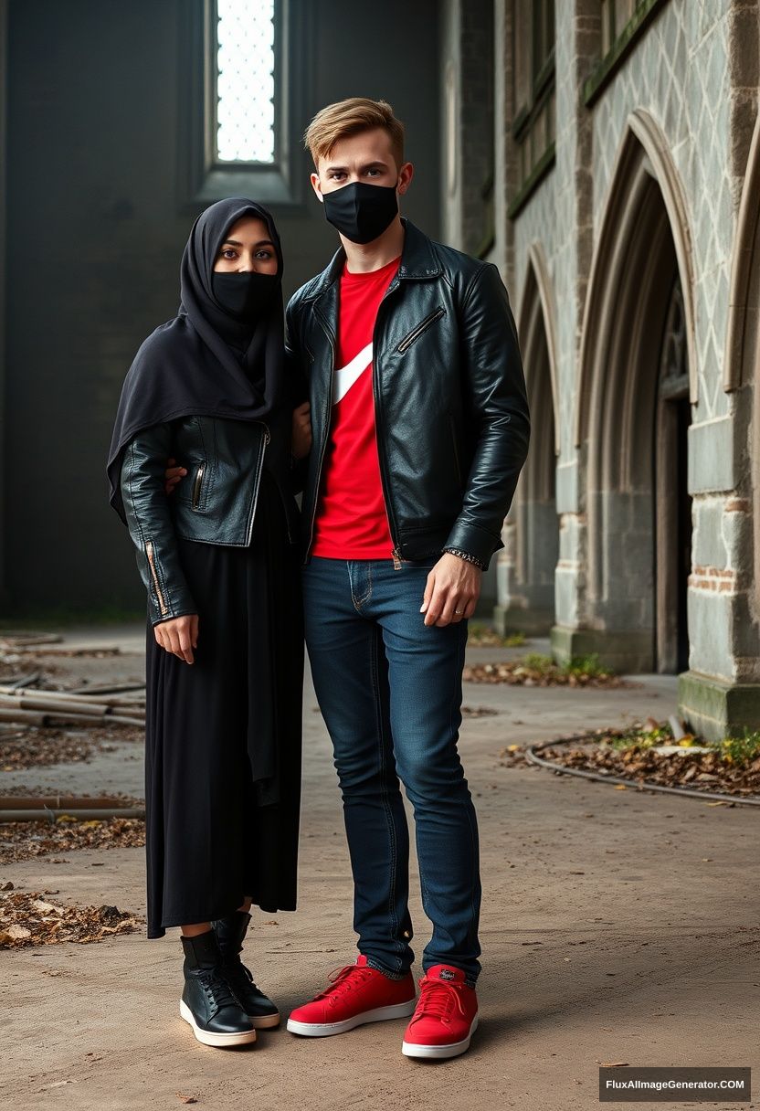 A biggest black hijab girl, beautiful eyes, face mask black, black leather jacket, biggest red longest dress, untall, standing near him and love, hold his arm,

Jamie Dornan, handsome, youngest, face mask black, fit and tough body, Nike red t-shirt, black leather jacket, jeans, red sneaker, tall man, standing near her.

Hyper realistic, photorealistic, studio photography, Victoria's abandoned castle, gloomy. - Image