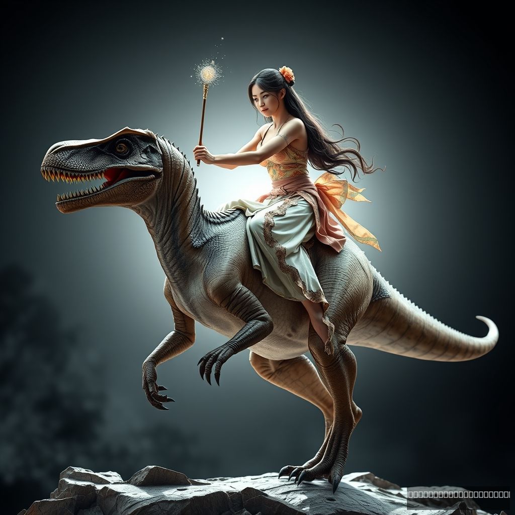 a stunning ((full body)) full wide view of a beautiful young Japanese woman riding on a velociraptor, by Gian Lorenzo Bernini, 16k resolution photorealistic, masterpiece, breathtaking intricate details, realistic and lifelike cgi, dramatic natural lighting, reflective catchlights, high quality CGI VFX fine art, highly detailed, 8k sharp focus, Safe for work, ((magic wand))