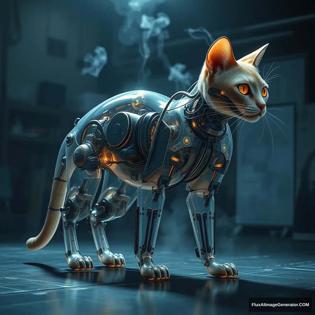 A biomechanical feline, its translucent legs revealing intricate gears and pulsing circuits, stands poised in a dimly lit laboratory. Hyper-realistic rendering captures every whisker, metallic sheen, and flowing wire. Steam rises, mixing with holographic blueprints. Shadows dance, echoing Da Vinci's anatomical studies.