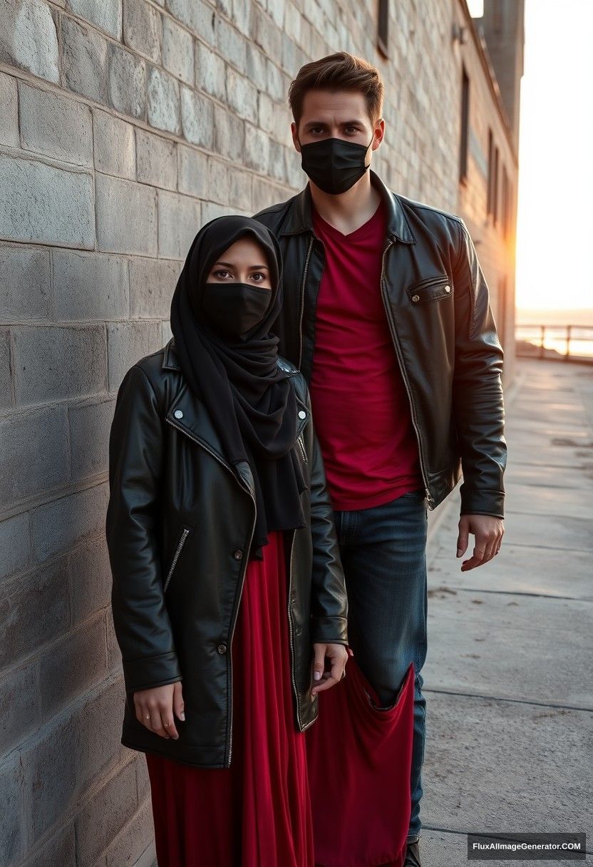 A big black hijab girl, beautiful eyes, black face mask, black leather jacket, the longest big red dress, not tall,

Jamie Dornan, handsome, black face mask, fit and tough body, red metal t-shirt, black leather jacket, jeans, tall man,

standing near a wall together,
hyper-realistic, photorealistic, street photography, Victoria's abandoned castle, near the beach, sunrise. - Image