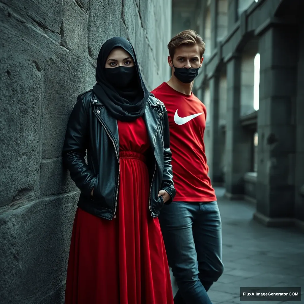 A biggest black hijab girl, beautiful eyes, face mask black, black leather jacket, biggest red longest dress, not tall,

Jamie Dornan, handsome, face mask black, fit and tough body, Nike red t-shirt, black leather jacket, jeans, tall man,

standing lean against the wall together,
Hyper realistic, photorealistic, studio photography, Victoria's abandoned castle, gloomy, darkness.