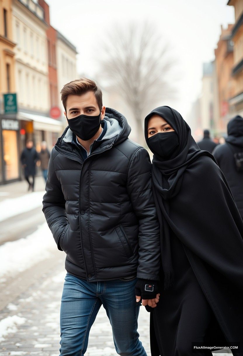 Jamie Dornan, handsome young man, black face mask, snow jacket, jeans, dating a beautiful black hijab-wearing Muslim girl with beautiful eyes, wearing a black face mask, snow jacket, in a winter scenery, walking together in town, holding hands, hyper realistic, street photography.