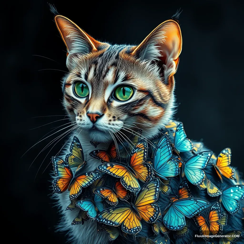 A cat with emerald green eyes, the cat's body is made entirely of butterflies, whole body positioned side-facing. Intricate details, HDR, beautifully shot, hyperrealistic, sharp focus, 64 megapixels, perfect composition, high contrast, cinematic, atmospheric, moody graffiti art, splash art, street art, spray paint, oil gouache melting, acrylic, high contrast, colorful polychromatic, ultra detailed, ultra quality, CGSociety.