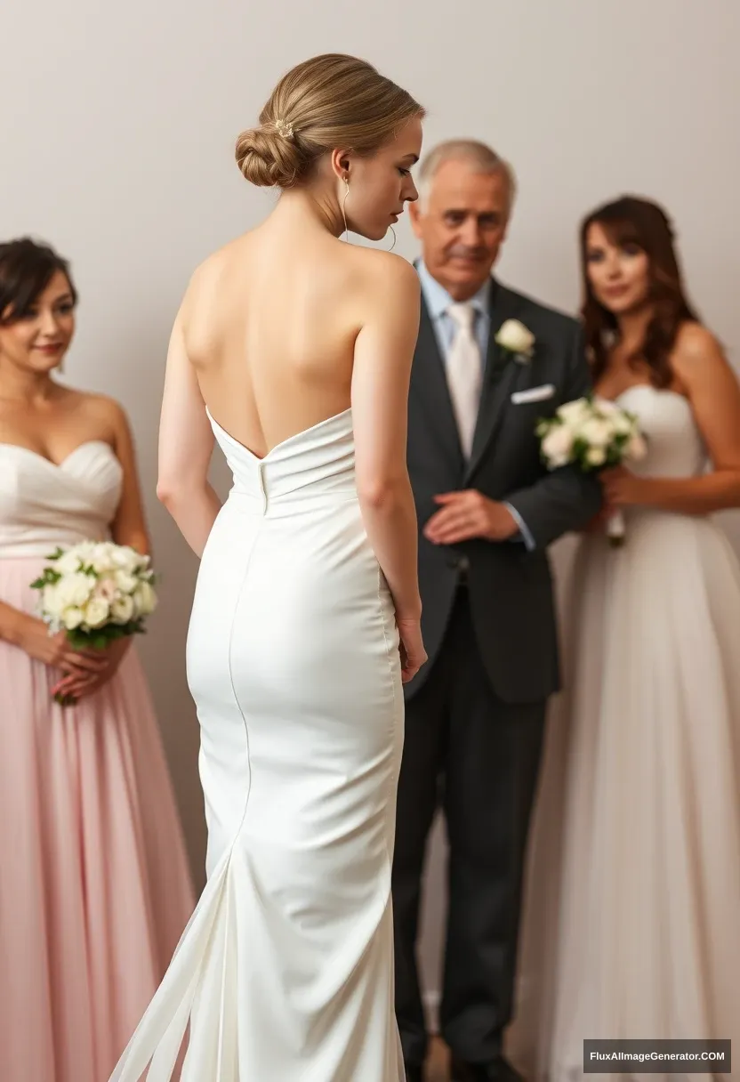 A short young woman, sensitive, delicate, backless strapless side-less low-waisted contouring wedding dress with a loose front and an open rear. Mingling obediently with fathers. Expectations. Perfect posture. Pale skin.