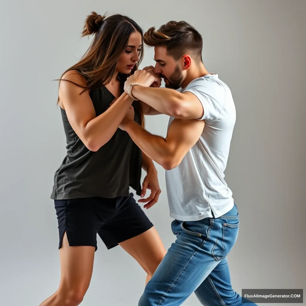 A pretty small delicate and slim lady who is a dancer is fighting her much bigger and muscular boyfriend in a casual fight. She is completely in control, defeating and beating him badly and completely. She is attacking him, delivering a hard punch to his face that makes him stumble and bend backward, close to falling. He looks defenseless, on the verge of falling unconscious.