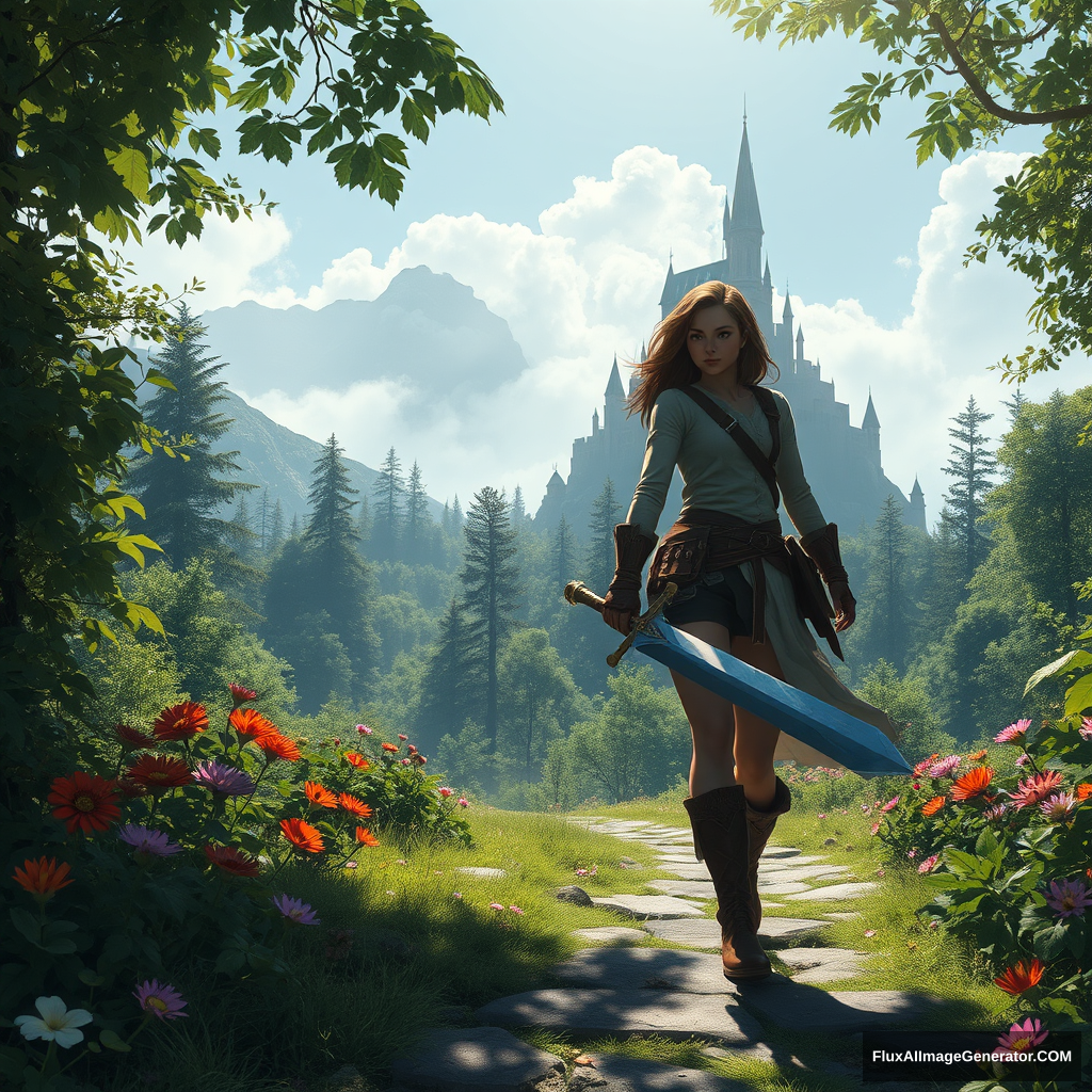 Here is a segment of prompts generated for you about Middle Journey:

In a mysterious and fantastical world, there lies a vast and boundless forest. Sunlight filters through the dense leaves, casting dappled shadows. A brave adventurer stands amidst it, wearing light leather armor and wielding a sharp longsword. Her gaze is steadfast, her steps sure, as she follows a winding path. Strange flowers bloom in vibrant colors along the sides of the path, exuding an enchanting fragrance. In the distance, an ancient castle looms on a mountaintop, shrouded in fog, appearing and disappearing like a dream. Vines cover the walls of the castle, as if telling the tales of time's passage. The adventurer quickens her pace, her heart filled with a desire for the unknown and the determination to explore, capturing the wondrous scene of Middle Journey.