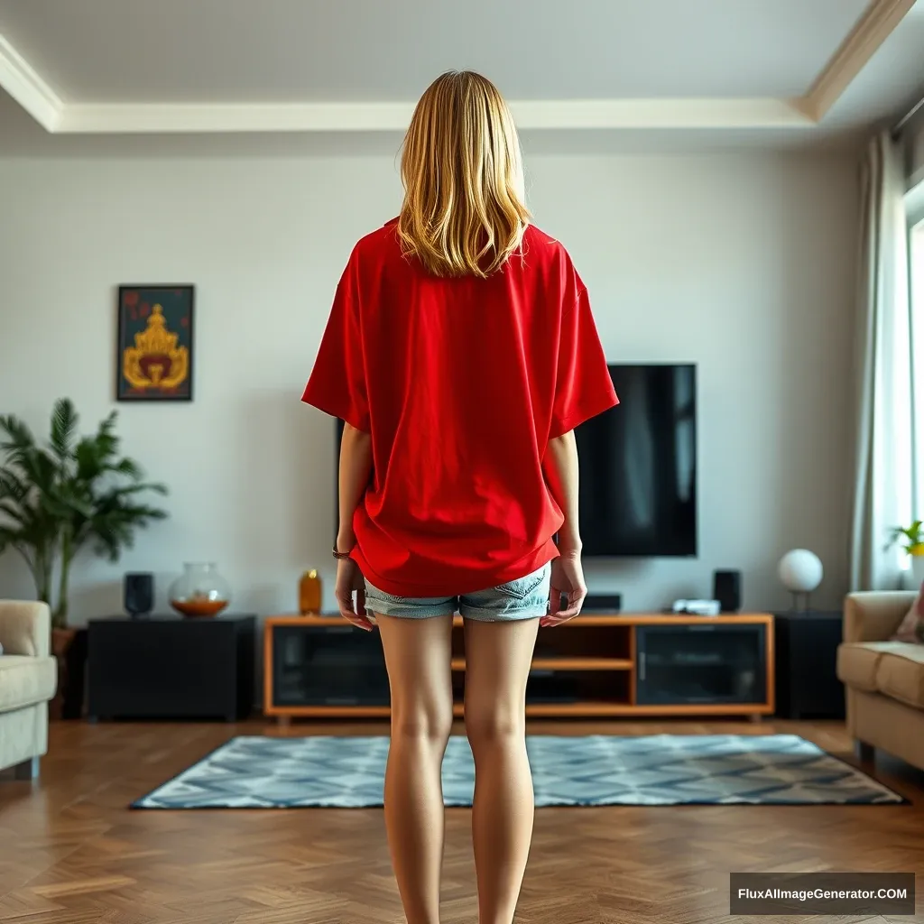 Front view of a young blonde skinny woman who is in her early twenties is in her massive living room wearing a massively oversized red polo t-shirt which is a bit off balance on one of the shoulders and the bottom part of her t-shirt is tucked in and she is also wearing light blue denim shorts and she is wearing no shoes or socks; she faces her TV and stands there with both arms straight down. - Image