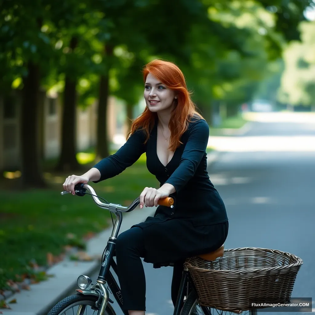 'A woman with red hair on a bicycle with a basket.'