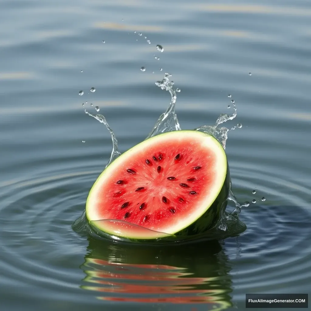 "A piece of watermelon fell into the water, splashing." - Image