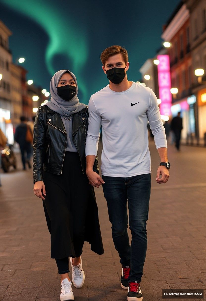 Jamie Dornan, handsome, black face mask, long sleeve white Nike t-shirt, jeans, sneakers,

dating, romantic with a grey hijab Muslim girl, beautiful eyes, black face mask, leather jacket, very long and big skirt, not a tall girl, red sneakers,

holding hands, walking together in town, photorealistic, street photography, full photography, selfie photos, night scenery, aurora.