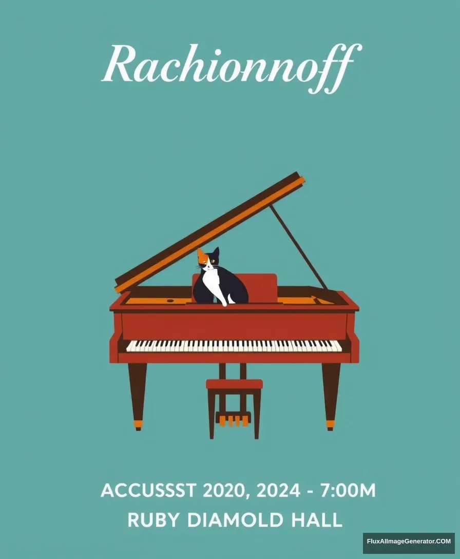 Title: "Rachmaninoff" displayed at the top center

Include the following texts on the bottom of the poster:
“August 20, 2024”
“7:00 PM”
“Ruby Diamond Hall”

Visual Elements: A grand piano centered at the bottom of the poster with a cat playing piano in a Matisse style and minimal style.