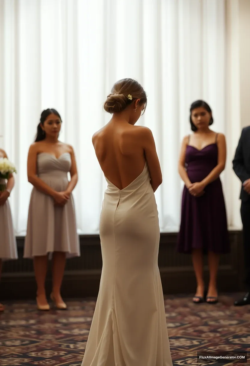 A short young woman, sensitive, delicate, ashamed, wearing a backless strapless side-less low-waisted open-back loose deep contouring wedding dress, in front of patriarchy, expectations.