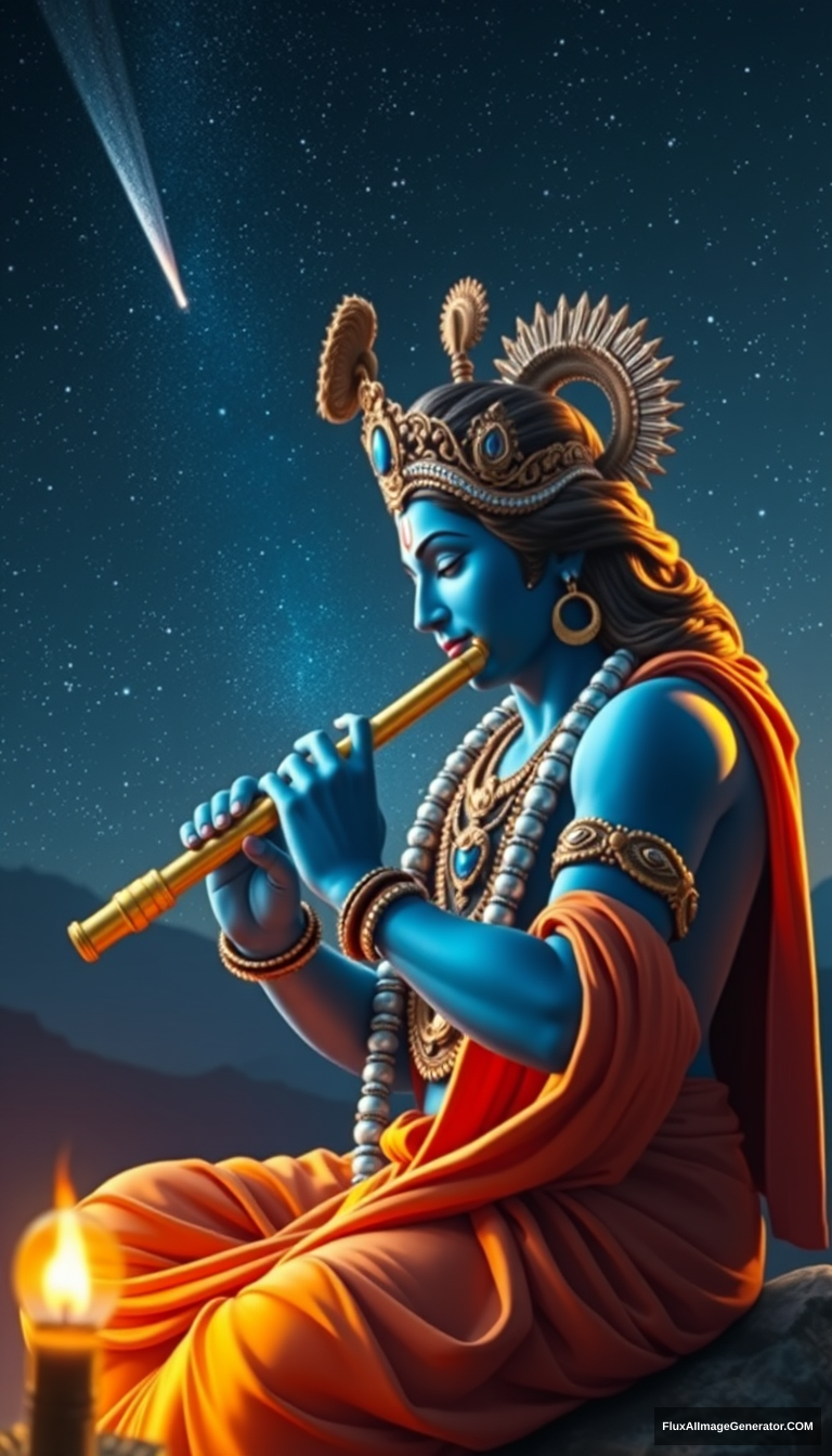 Krishna, playing the flute, in a peaceful place, watching the night stars, hyper-realistic, quality, cinematic lighting, comet in the sky, galaxy, blue skin, peacock, crown. - Image