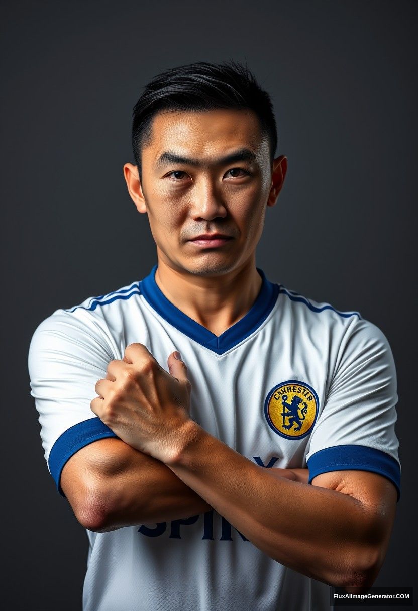 A high-quality portrait photo of a Chinese man with fair, delicate skin, wearing a short-sleeved white soccer jersey with blue cuffs and a blue collar, featuring the word "SPIRIT" on the chest. He strikes a confident and imposing pose, with a determined gaze and bright eyes. This is a mid-shot player portrait, utilizing Rembrandt lighting, taken in a studio with a gray background. - Image