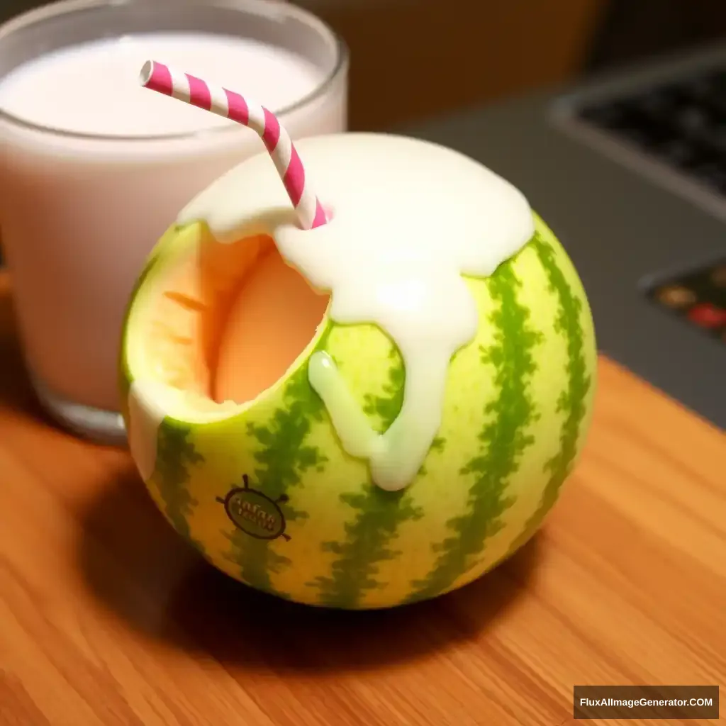 'a melon that drinks a milkshake with a straw' - Image