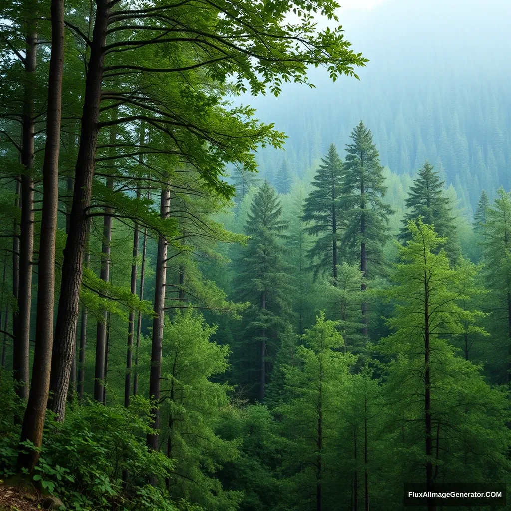 A computer wallpaper of a forest that is pleasing to the mood.