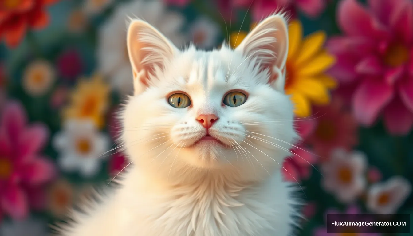 pam-swtvrld white cat, smile, fluffy, cute, colorful flower background and warm light, full depth of field and realistic textures, highly detailed, masterpiece, high quality, 8K Ultra HD. - Image