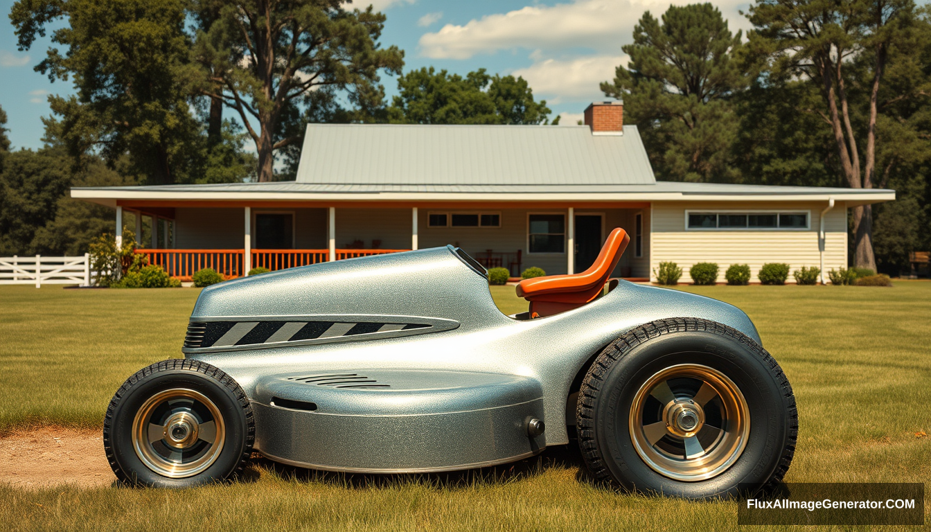 A futuristic lawn mower dragster concept from the 1970s sitting in front of a Mid-Century Modern house, as painted by Syd Mead, in a country setting, 4k, metal-flake paint.