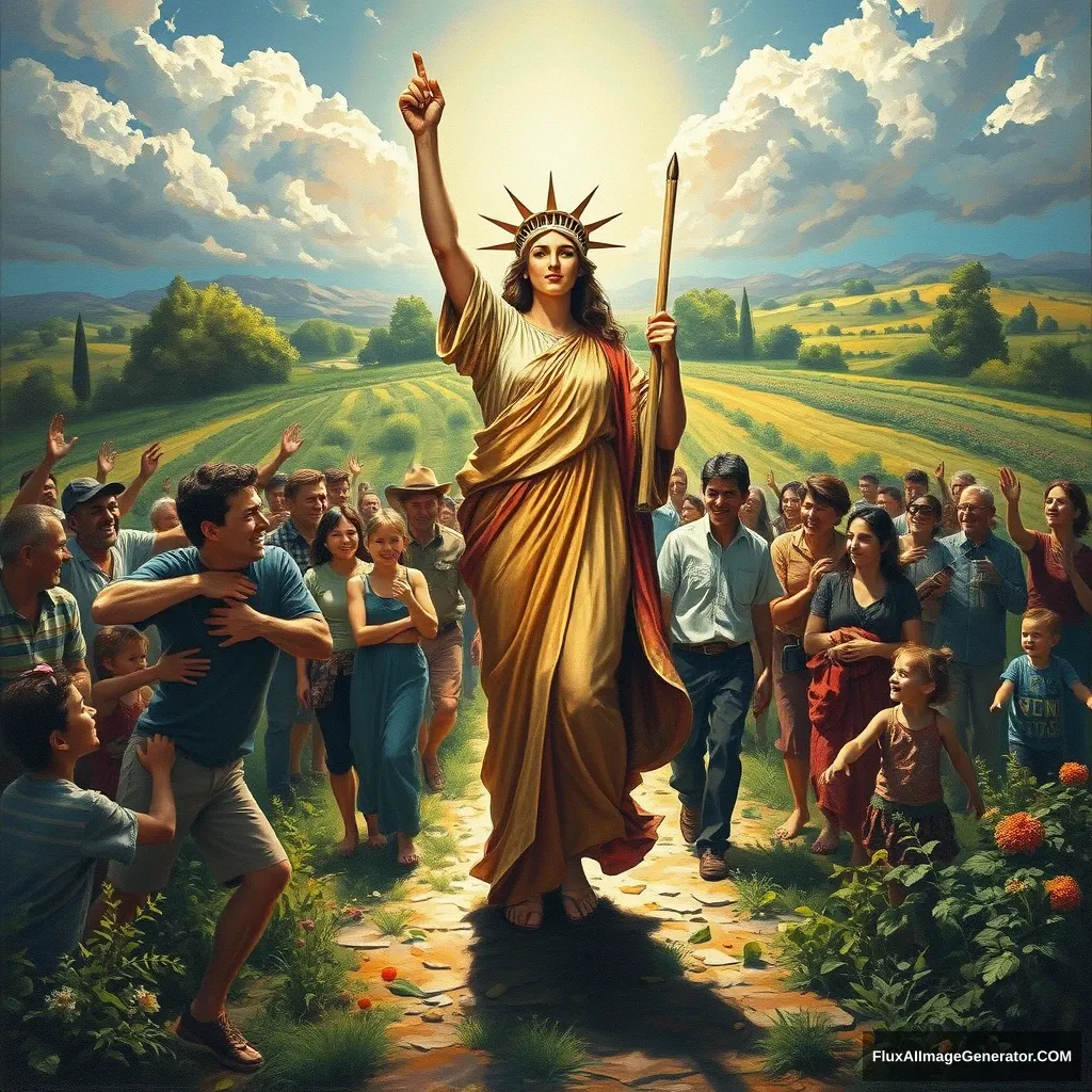 Oil painting style with a powerful and inspiring image depicting the concept of freedom and food sovereignty. In the foreground, a goddess symbolizing decentralized and blockchain leads the people towards a bright future, reminiscent of the iconic painting 'Liberty Leading the People.' She is surrounded by families and individuals who are joyous and supportive, embracing and helping each other. The scene is vibrant and full of hope, capturing the essence of unity, progress, and decentralized, family-based agricultural production. Light shines from the front, illuminating the scene.