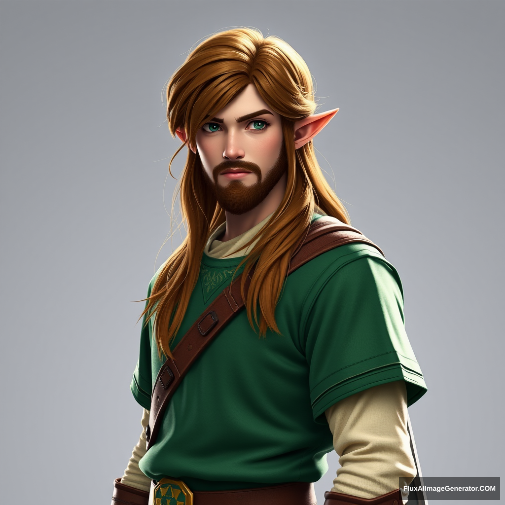 Full body picture of a long brown-haired, short-bearded guy as Link from Zelda.