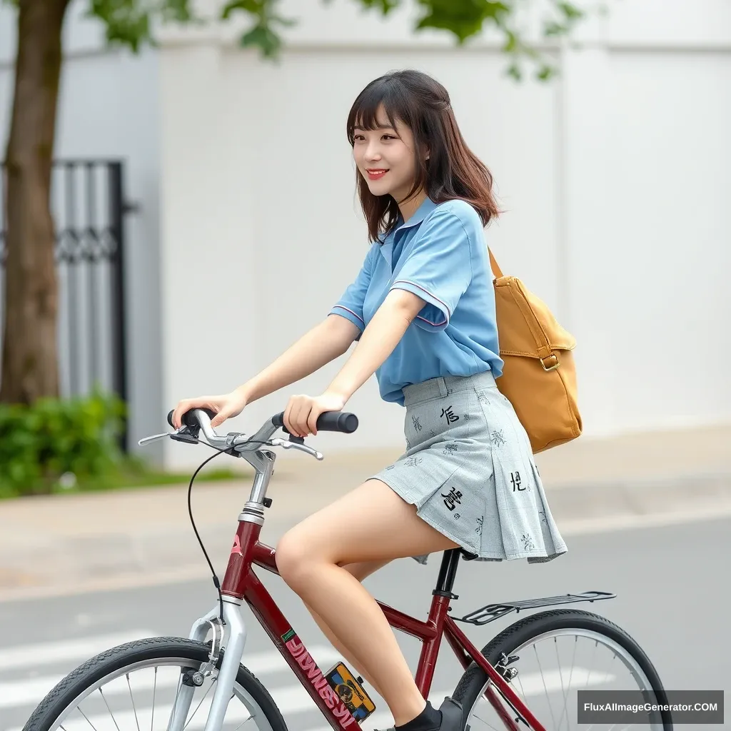 A female student is riding a bicycle while wearing a very short skirt, and the skirt is very short, featuring Chinese characters or Japanese. - Image