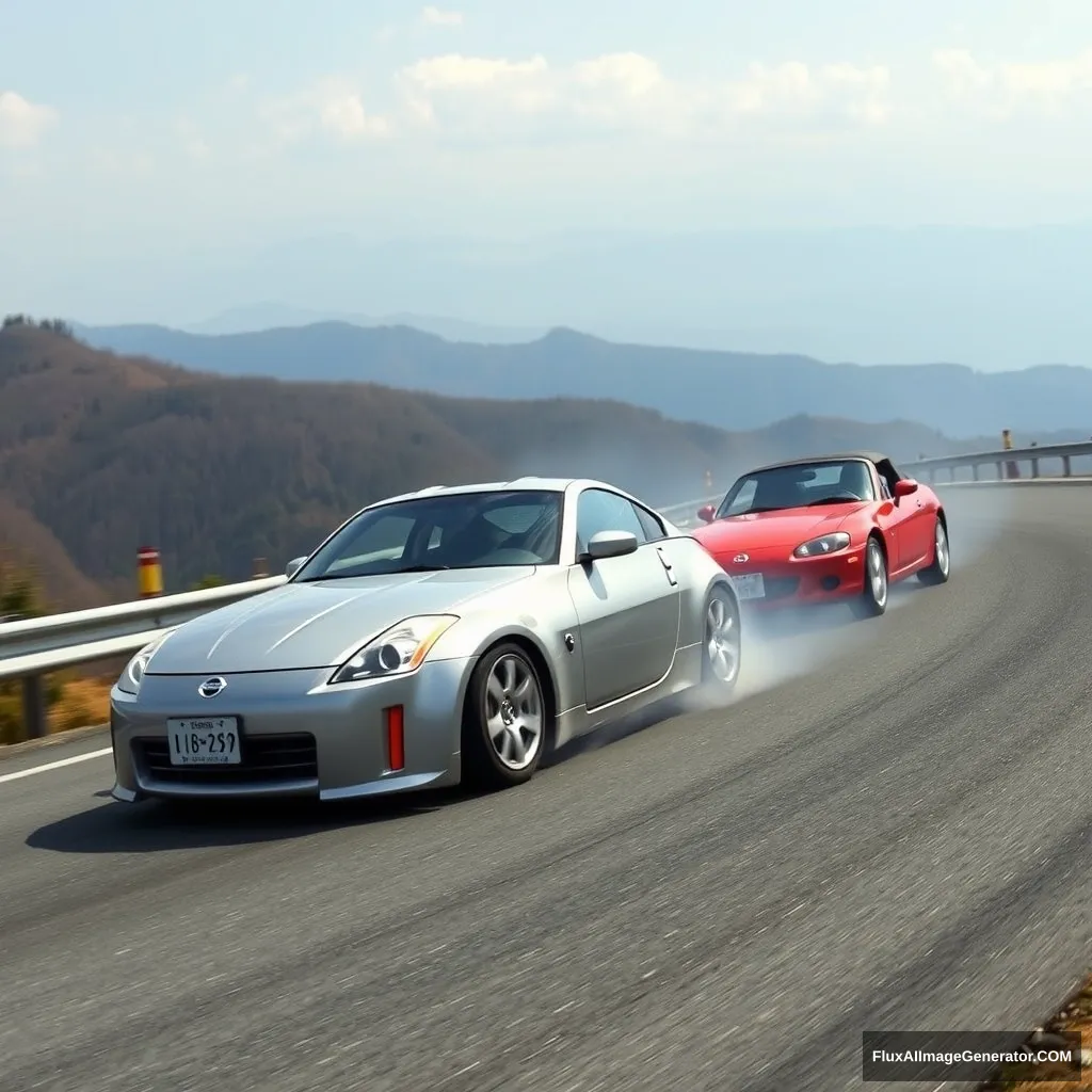 Create an image of a silver Nissan 350z and a red first generation Mazda Miata drifting on a Japanese mountain.