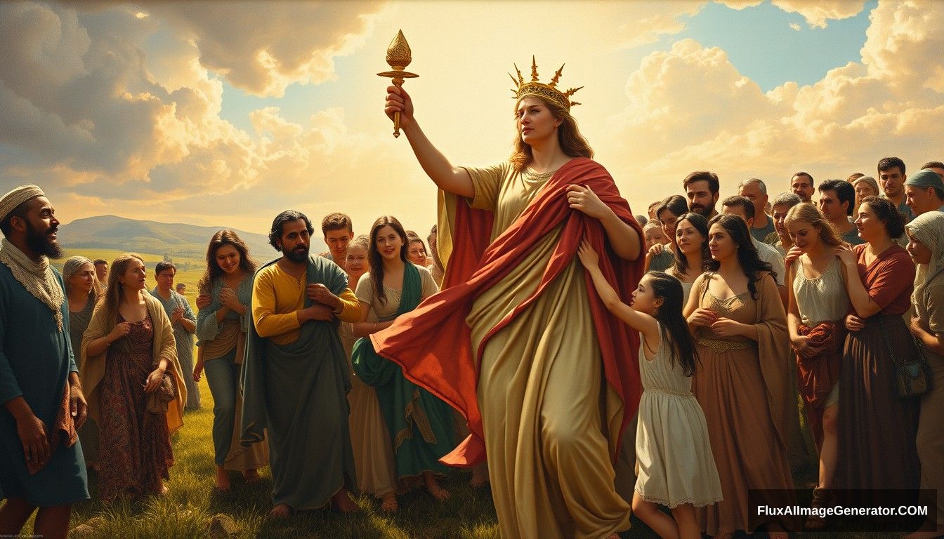 Renaissance oil painting style featuring a powerful and inspiring image depicting the concept of blockchain and decentralization. In the foreground, a goddess symbolizing blockchain and decentralization leads the people towards a bright future, reminiscent of the iconic painting 'Liberty Leading the People.' She is surrounded by families and individuals of predominantly European descent who are joyous and supportive, embracing and helping each other. The scene is vibrant and full of hope, capturing the essence of unity, progress, and decentralized, family-based agricultural production. Light shines from the front, illuminating the scene.