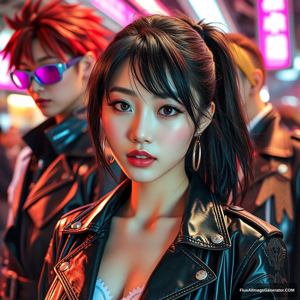 Asian supermodel posing in front of the camera, sci-fi anime style, life-sized characters, shiny/glossy, aurora punk, leather/hiding, romantic academic style, steel. - Image