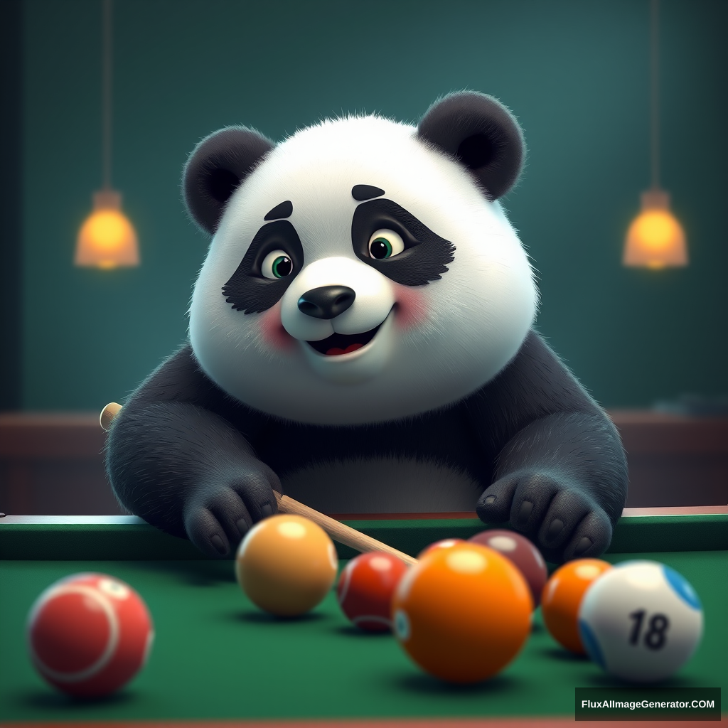 A cute fat panda is playing billiards, c4d.