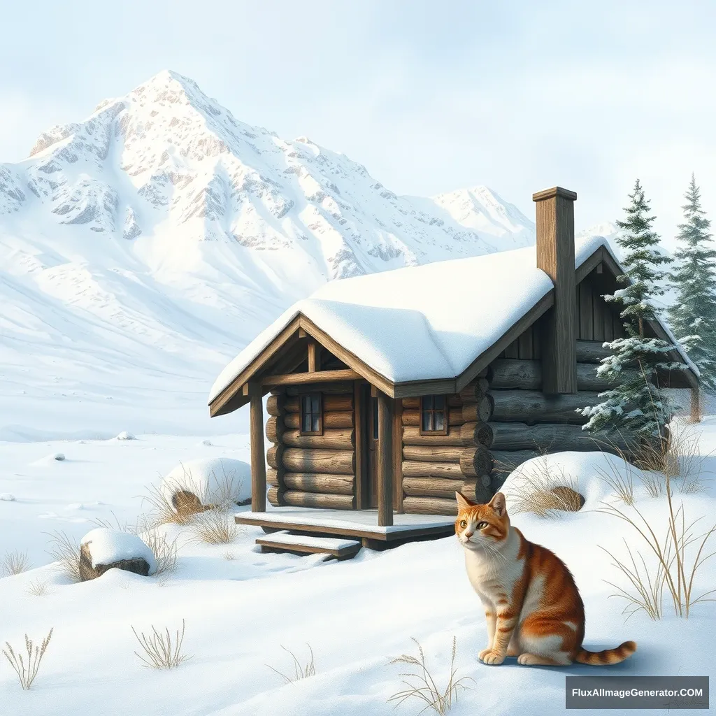 "In a place where it snows and freezes, there is a wooden cabin and a cat." - Image